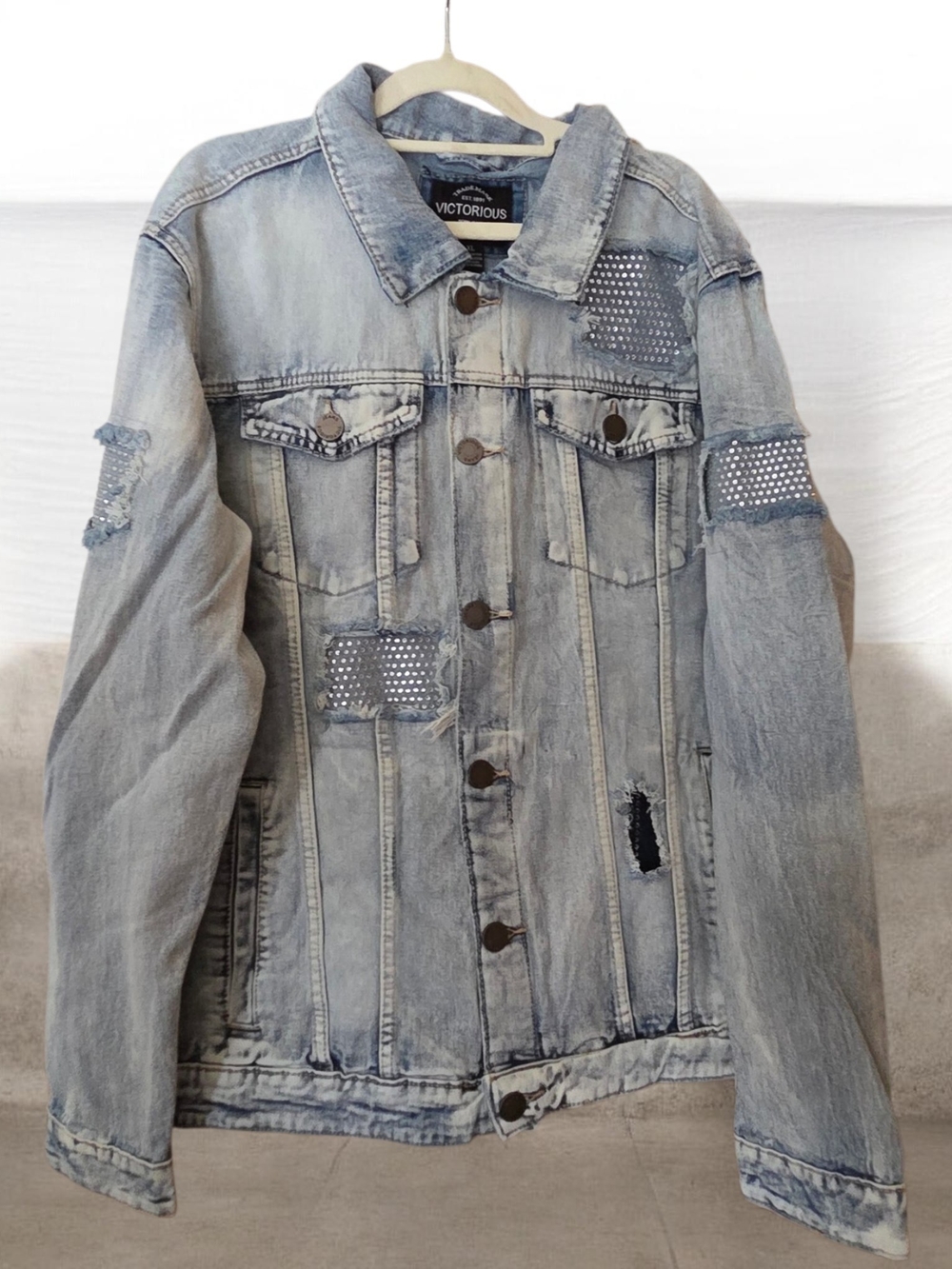 Victorious Light Blue Distressed Bling Denim Jacket